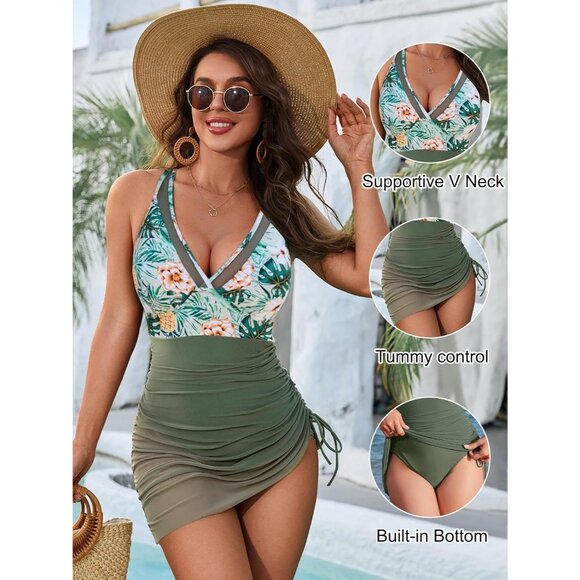 Womens Blooming Jelly Green Black One Piece Swim Dress with Tummy Control - Picture 2 of 6